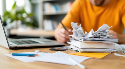 Mental declutter at a workspace with piles of paper and focus on creativity