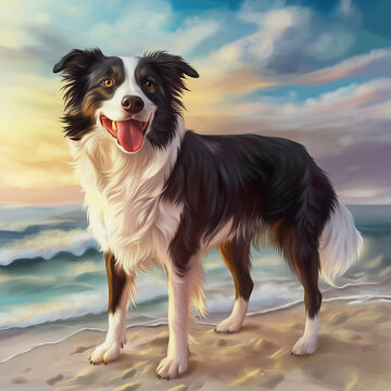 Border collie on the beach illustration