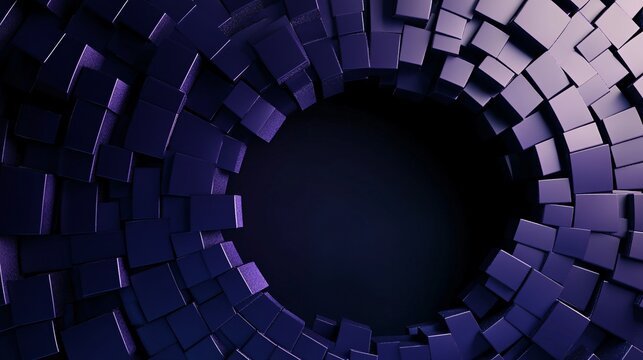 Abstract purple cubes rotating and creating a circular opening