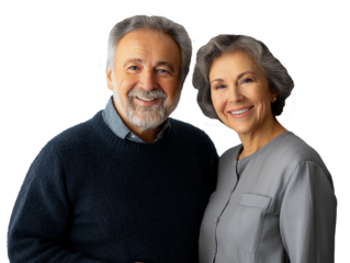 Senior Caucasian couple embracing and smiling, isolated on white transparent background