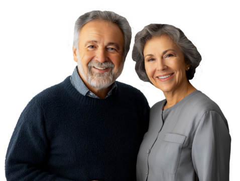 Senior Caucasian couple embracing and smiling, isolated on white transparent background