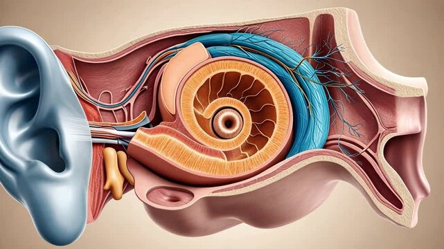 3D model of human ear anatomy highlights outer ear, canal, internal structures, labeled.