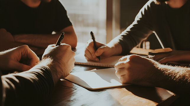 Teamwork: Hands diligently taking notes during a collaborative session. Sunlight streams through the window, illuminating the focused atmosphere.