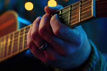 Close-up of a Man's Hand Playing an Acoustic Guitar Underneath Colorful Lights