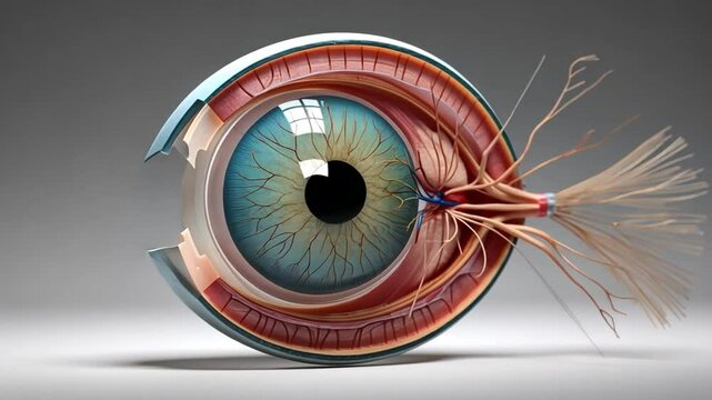 3D model of human eye anatomy with transparent layers, displaying the sclera, iris, lens, and optic nerve