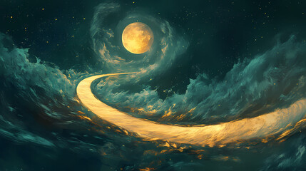 A celestial road curves beneath a swirling galaxy and a luminous moon, promising a journey to the unknown. Celestial Path. Illustration