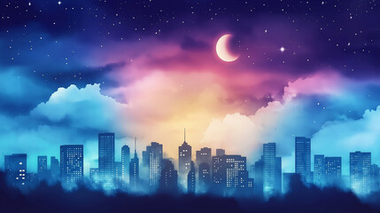 Futuristic city skyline at night with a colorful gradient sky and crescent moon