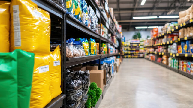 pet supply store aisle filled with colorful products and vibrant packaging