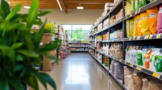 Aisle in pet supply store filled with colorful products and plants