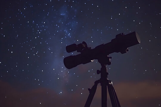 Telescope on a tripod under a starry sky, capturing celestial wonder.