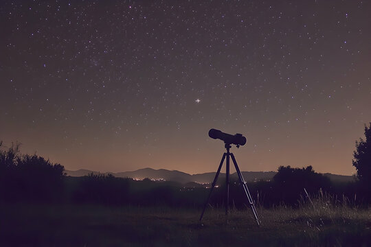 Telescope on a tripod under a starry sky, capturing celestial wonder.