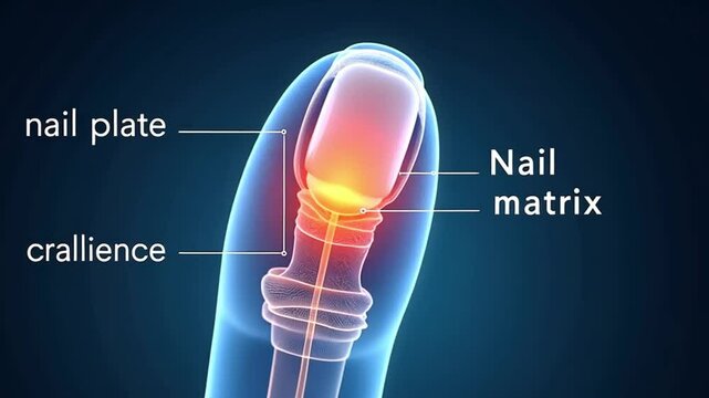3D illustration of human fingernail anatomy in x-ray style, displaying nail plate, cuticle, and nail matrix with labeled structure