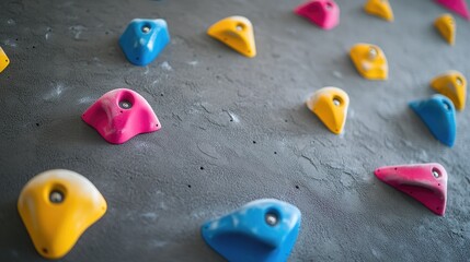 Obraz premium A modern climbing setup featuring colorful pink, blue, and yellow grips on a stylish gray textured wall, offering a vibrant, sleek design for indoor climbing
