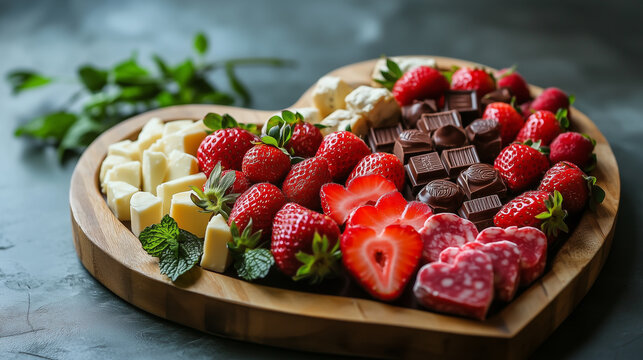 A heart-shaped charcuterie board with strawberries, chocolates, and assorted cheeses, displayed on a wooden tray - Powered by Adobe