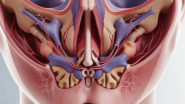 3D view of nasal passage showcasing sinuses, septum, olfactory area.