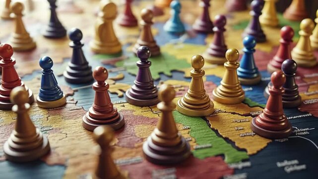 Colorful chess pieces arranged on a world map strategy game with detailed geography and vibrant colors