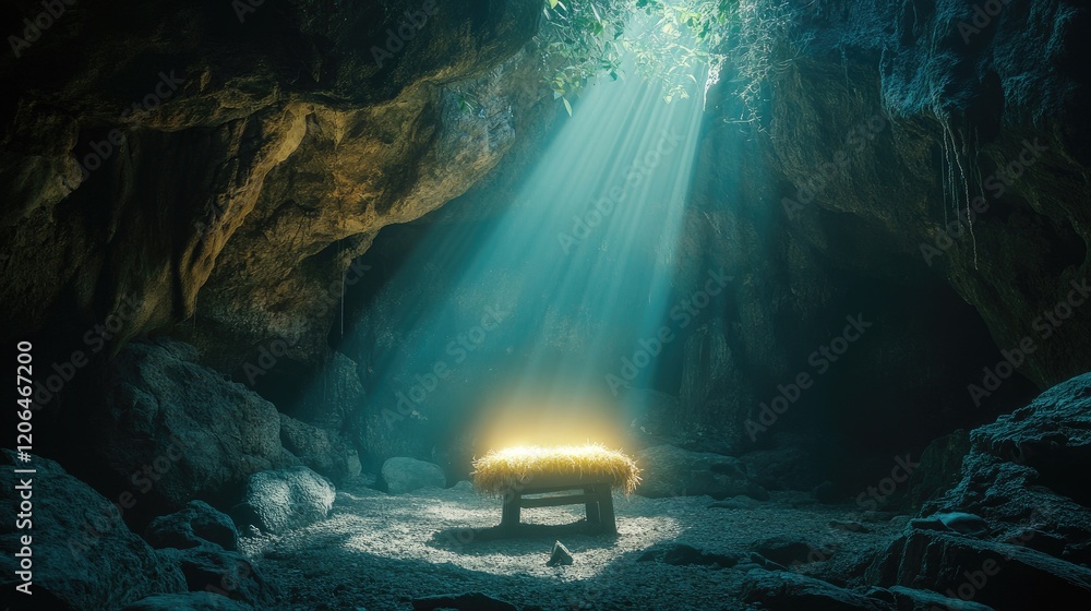 Poster a peaceful cave with a glowing manger, ethereal beams of light shining down, and a soft bokeh effect