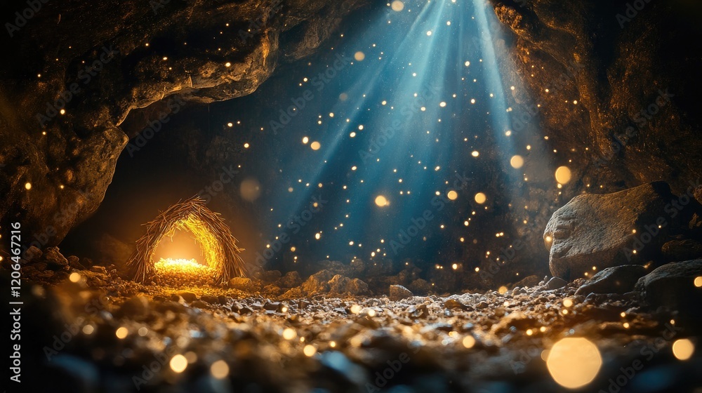 Poster a peaceful cave with a glowing manger, ethereal beams of light shining down, and a soft bokeh effect