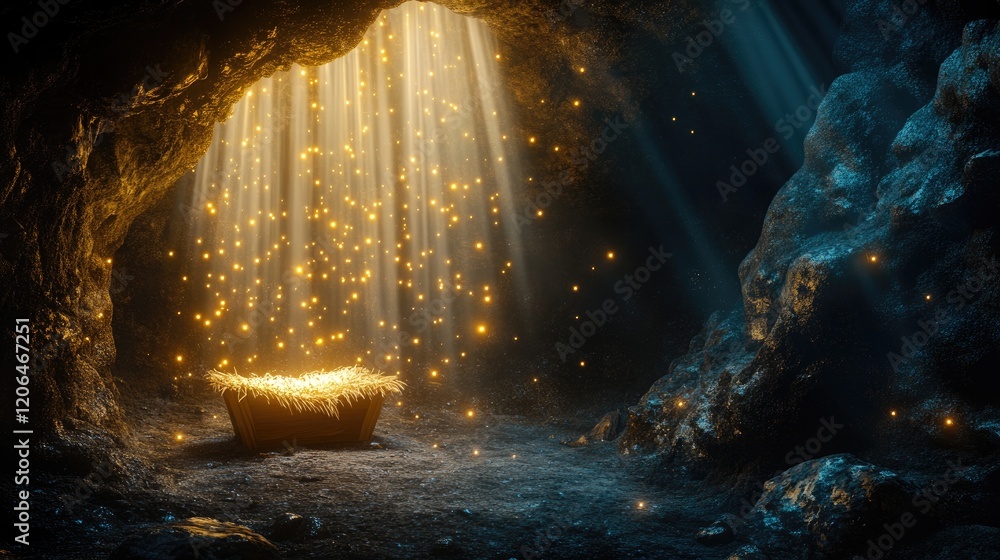 Poster a peaceful cave with a glowing manger, ethereal beams of light shining down, and a soft bokeh effect