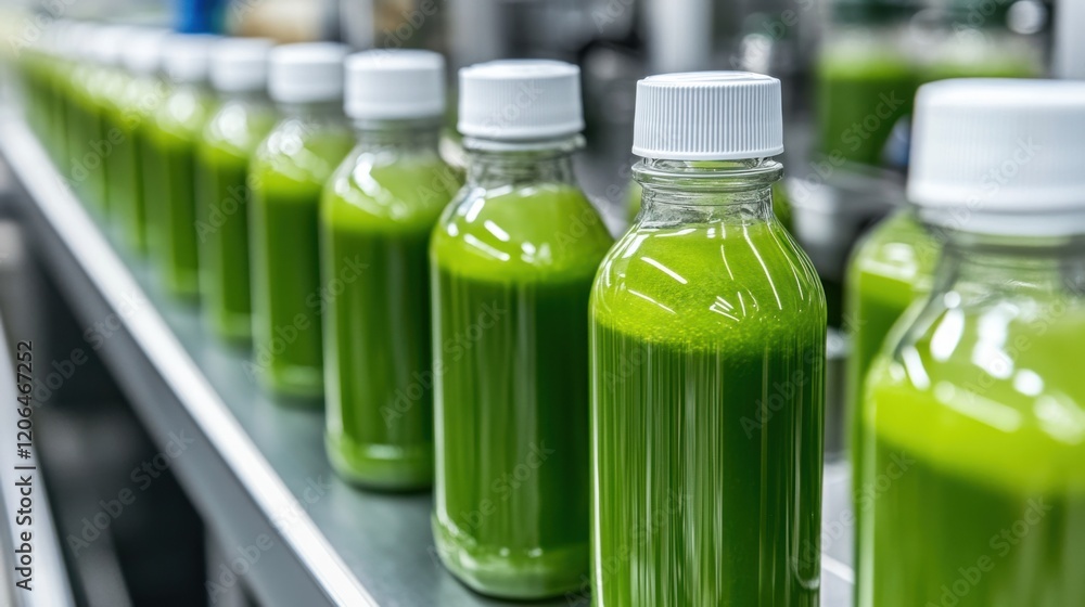 Poster bottles of green juice lined up on a production line in a modern factory setting