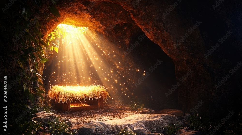 Poster a peaceful cave with a glowing manger, ethereal beams of light shining down, and a soft bokeh effect