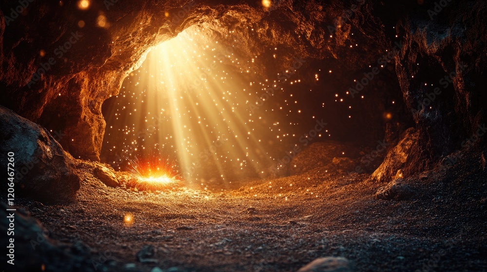 Poster a peaceful cave with a glowing manger, ethereal beams of light shining down, and a soft bokeh effect