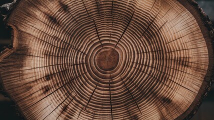 Fototapeta premium A close-up view of a cross-section of a tree trunk showcasing intricate growth rings and warm wooden tones.