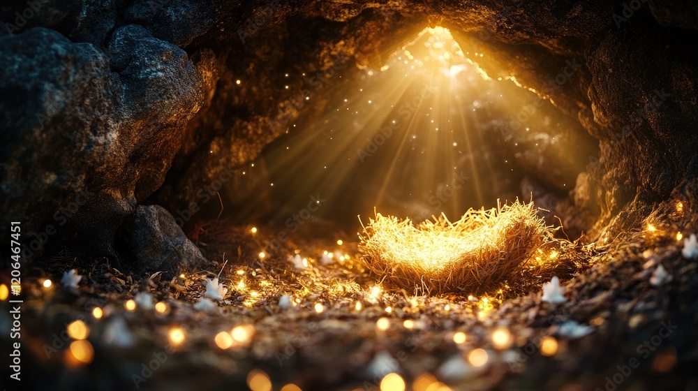 Poster A serene cave with a soft glowing manger surrounded by divine light beams and a gentle bokeh effect, symbolizing peace and sacred presence