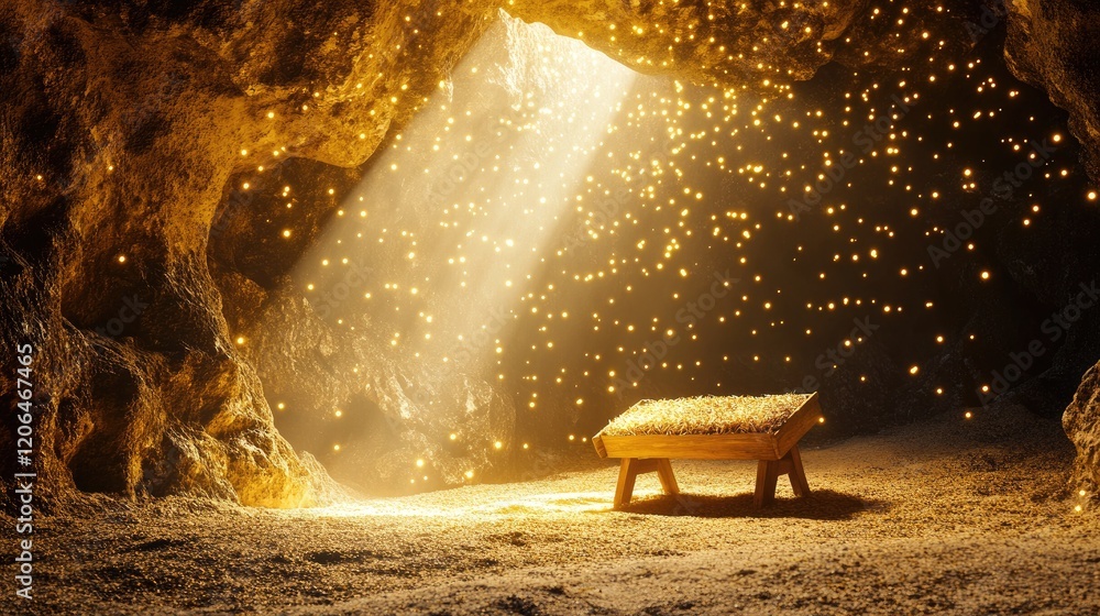 Poster A serene cave with a soft glowing manger surrounded by divine light beams and a gentle bokeh effect, symbolizing peace and sacred presence