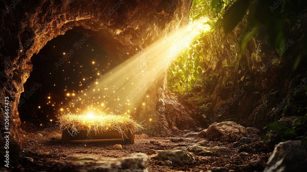 Poster A serene cave with a soft glowing manger surrounded by divine light beams and a gentle bokeh effect, symbolizing peace and sacred presence