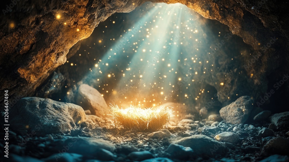 Poster a serene cave with a soft glowing manger surrounded by divine light beams and a gentle bokeh effect,