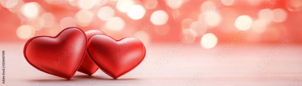 Poster two glowing red hearts on a rustic table with backdrop of twinkling blurred lights
