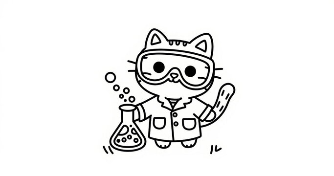 Cartoon cat scientist with goggles and bubbling flask. Coloring page style