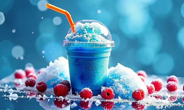 Bright blue slushie in a clear cup with domed lid and colorful straw, a refreshing frozen treat