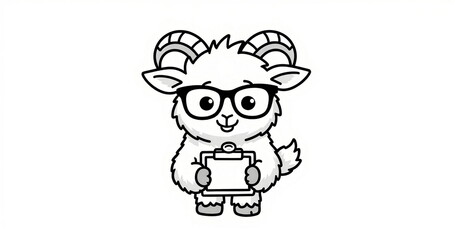 Obraz premium Cartoon ram with glasses holding clipboard. Coloring page style