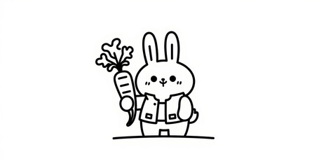 Cute cartoon bunny holding carrot in black and white. Coloring page style