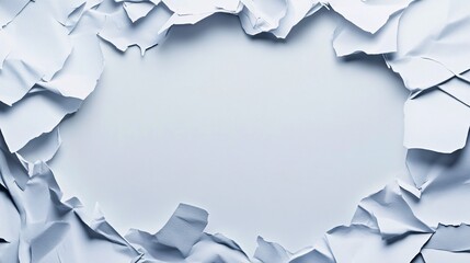 Crumpled paper border creating empty oval space on light blue background