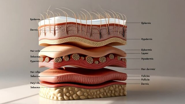 Layered 3D diagram of human skin structure, illustrating the epidermis, dermis, and hypodermis with hair follicles and glands