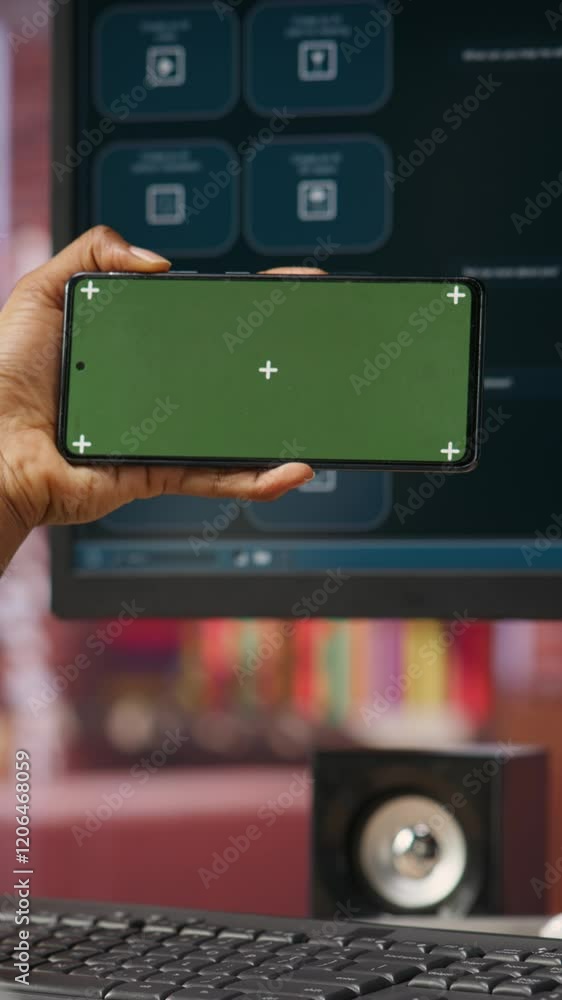 Poster vertical video woman using green screen smartphone to learn how to use ai llm chatbot on computer sc