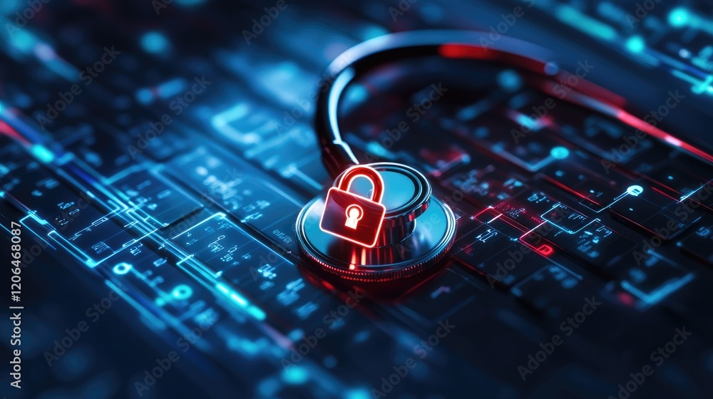 Poster a stethoscope lying on a laptop keyboard with a digital lock icon symbolizing the security of online