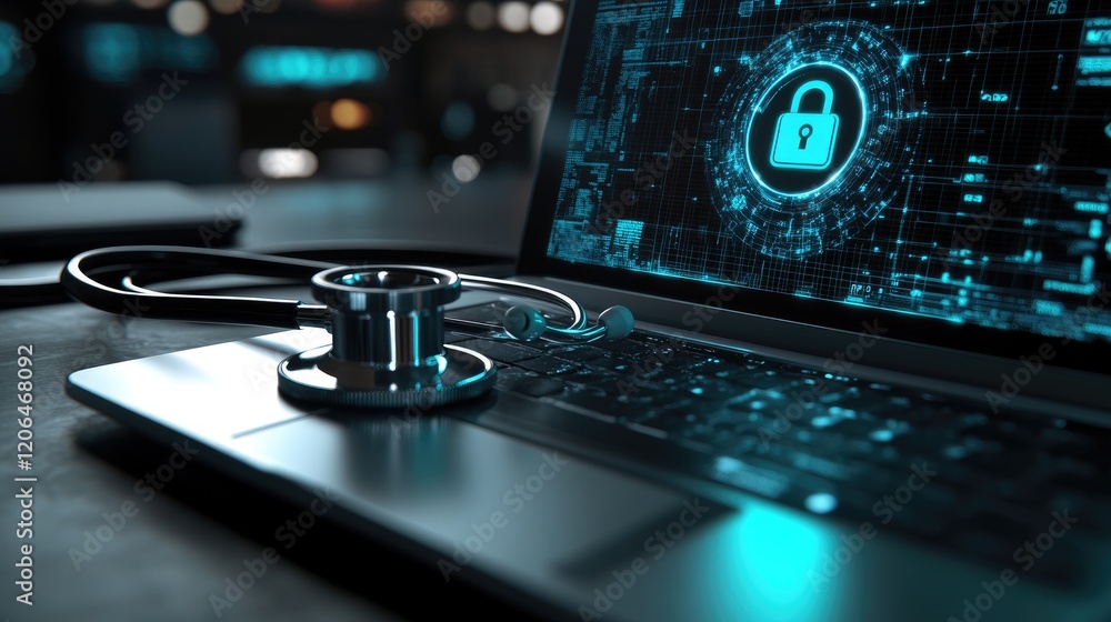 Poster a stethoscope placed on a laptop, the screen displaying a digital lock icon, representing the protec