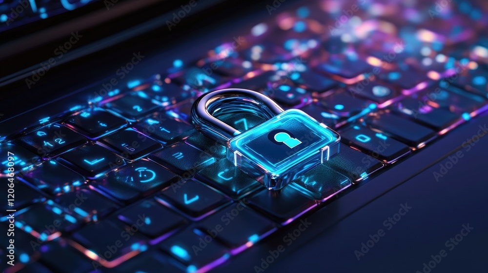 Poster a stethoscope lying on a laptop keyboard with a digital lock icon symbolizing the security of online