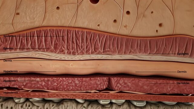 Layered 3D diagram of human skin structure, illustrating the epidermis, dermis, and hypodermis with hair follicles and glands