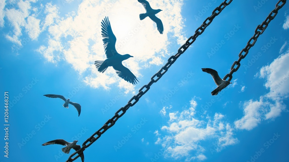 Poster a symbolic image of birds soaring in the sky as broken chains fall to the ground below, representing