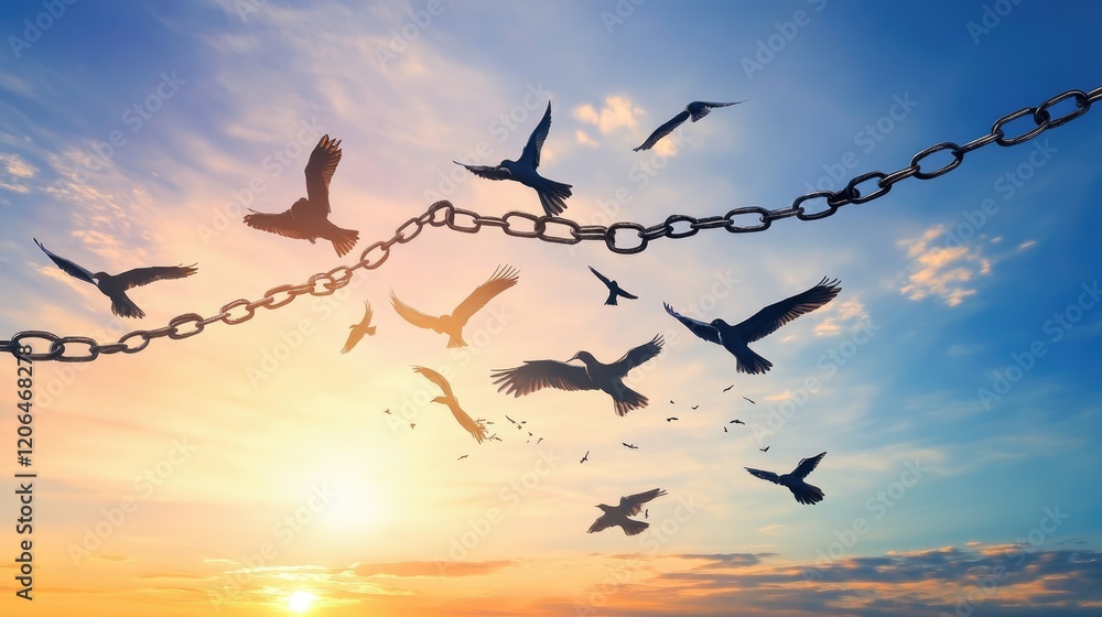 Poster a symbolic image of birds soaring in the sky as broken chains fall to the ground below, representing