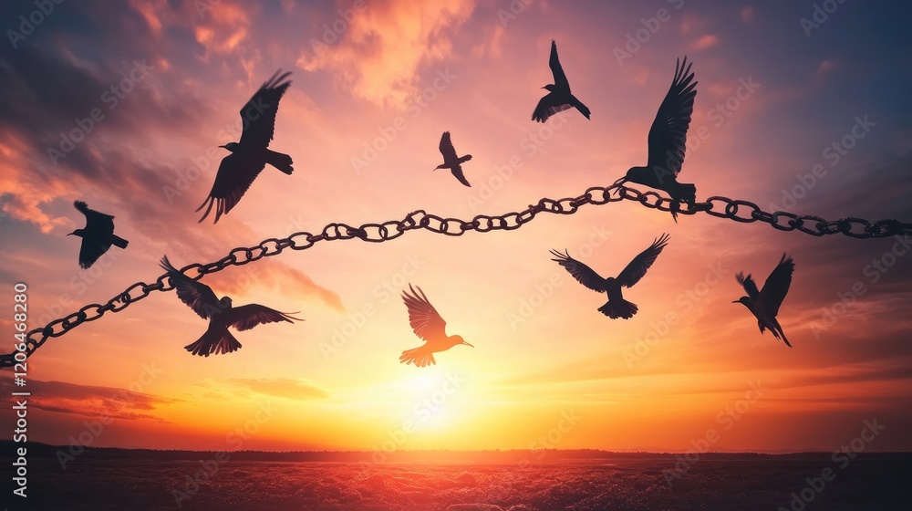 Poster a symbolic image of birds soaring in the sky as broken chains fall to the ground below, representing