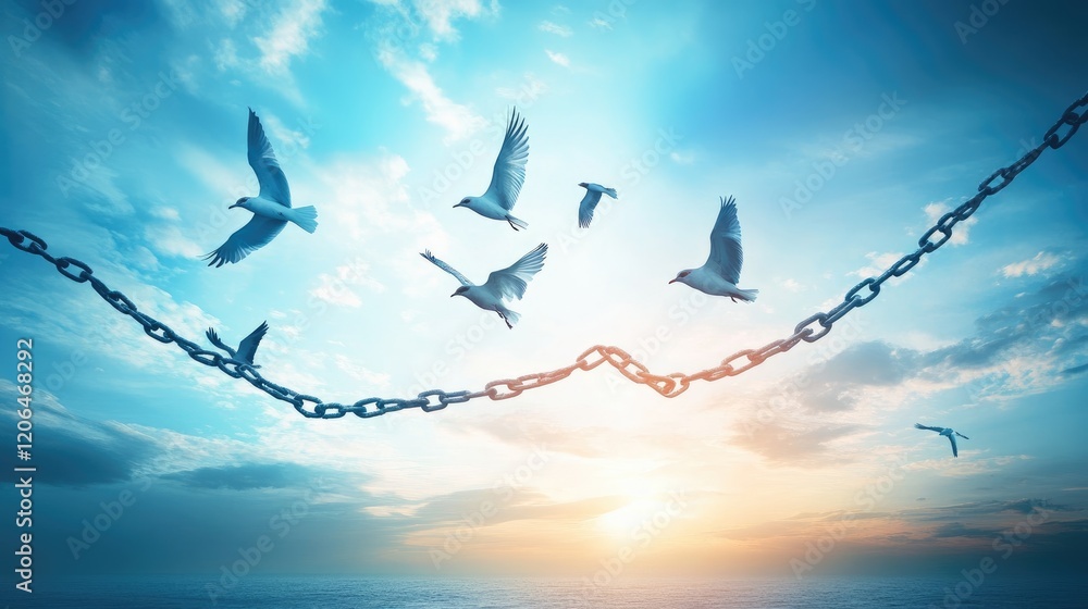 Poster a symbolic image of birds soaring in the sky as broken chains fall to the ground below, representing
