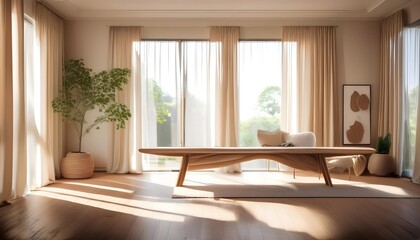 Fototapeta premium Minimalist Scandinavian-inspired living room with wooden furniture and natural light