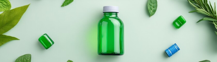 A bottle of emerald green liquid enveloped by lush, vibrant green leaves revitalizing