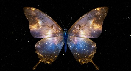 A cosmic butterfly with wings made of shimmering galaxies and stardust